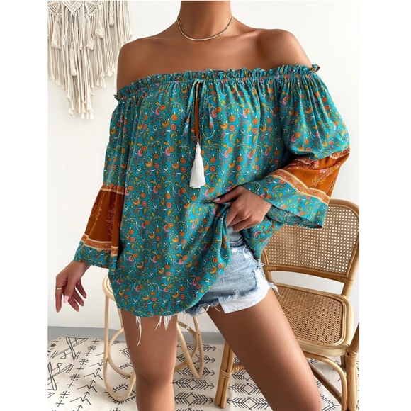 Off Shoulder Floral Print Tassel Ties Relaxed Fit Flared Sleeve Top - Picture 6 of 7